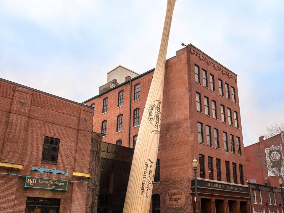 Louisville Slugger Museum and Factory on West Main Street showing the giant steel bat landmark of Louisville Kentucky's Museum Row