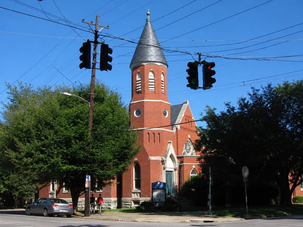 Highlands Presbyterian Church Louisville Kentucky showing the Victorian brick architecture that characterizes the Highlands neighborhood historic district