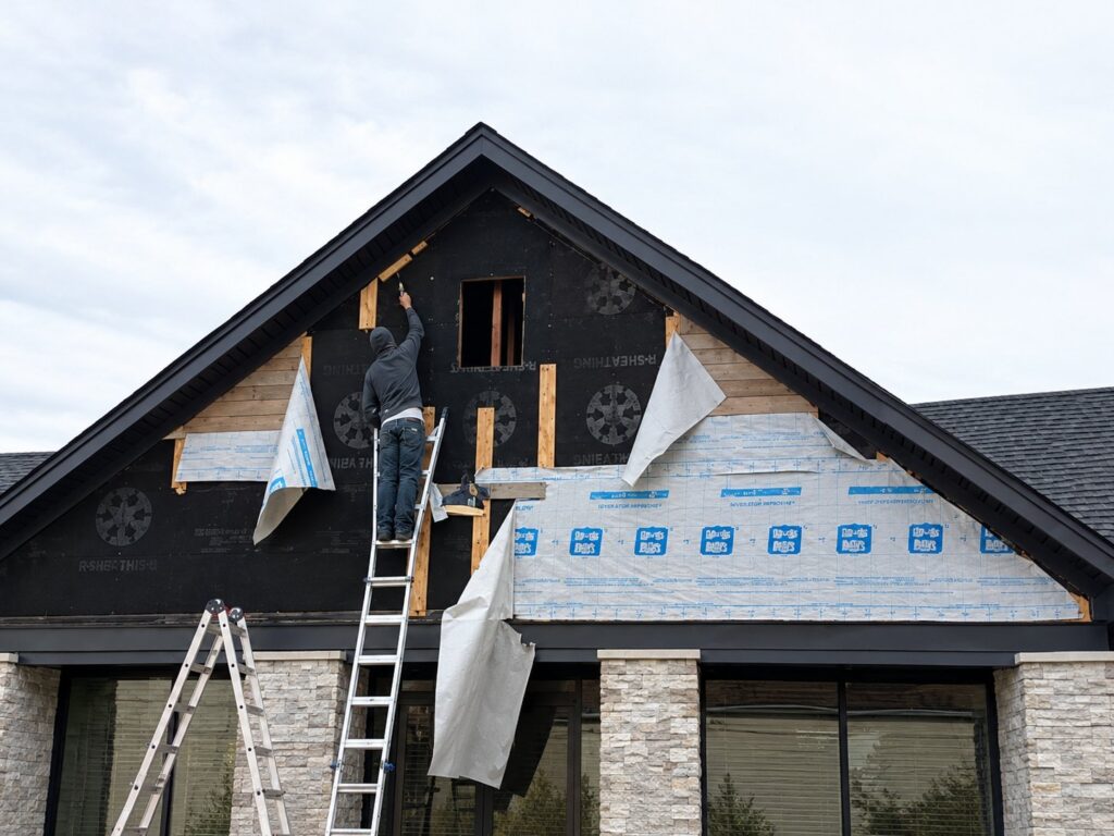 A professional contractor installing seamless gutters on a residential home